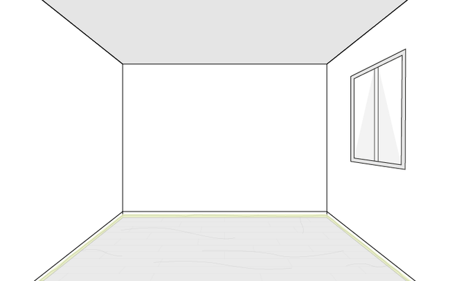 Dessin de trois murs d'une pièce vide avec une bâche de protection au sol