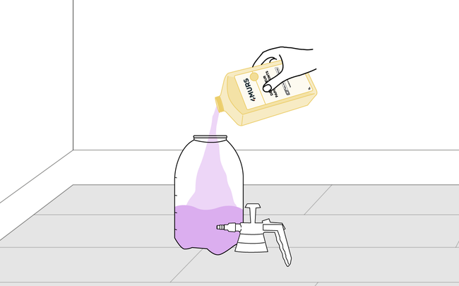 Dessin de main versant une solution liquide dans un pulvérisateur pour décoller du papier peint