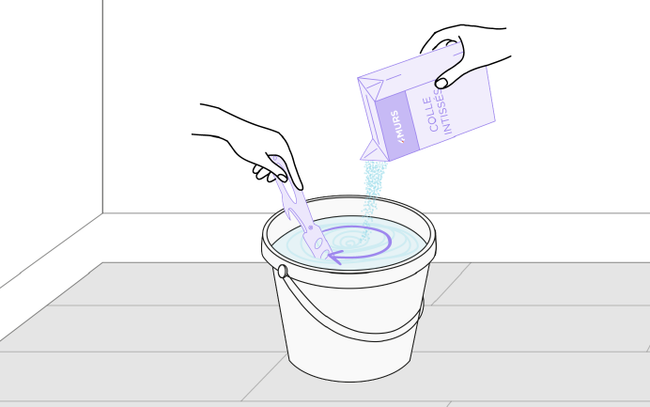 Dessin de mains versant la colle à diluer en remuant dans un seau rempli d'eau