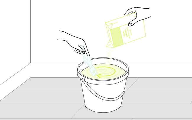 Dessin d'une main créant un tourbillon d'eau et d'une main versant la colle dans un seau