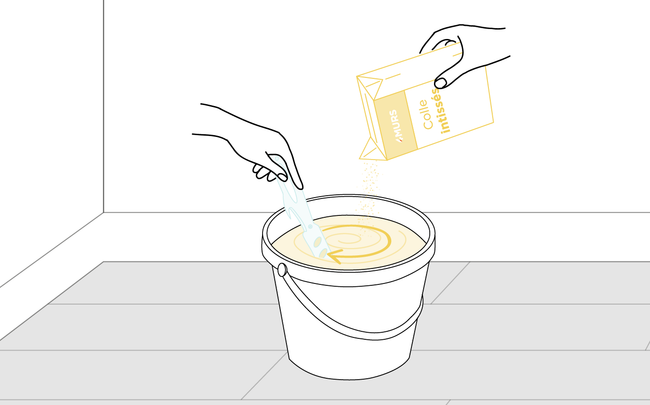 Dessin d'une main créant un tourbillon d'eau et d'une main versant la colle dans un seau