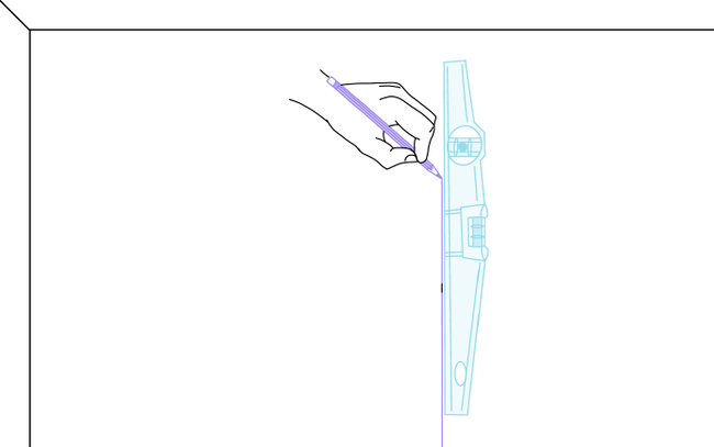 Dessin d'une main traçant une ligne verticale mauve avec un niveau à bulle