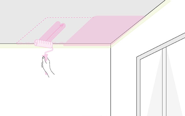 Dessin d'une main qui applique la peinture dans un deuxième carré au plafond