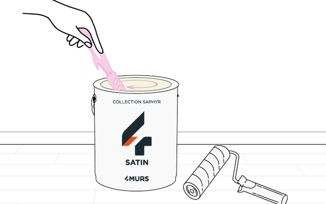 Dessin d'une main remuant la peinture dans son pot avec un mélangeur