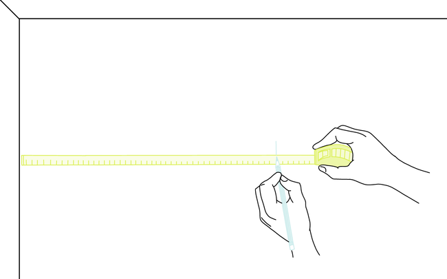 Dessin de mains traçant un repère au mur à l'aide d'un mètre et d'un crayon