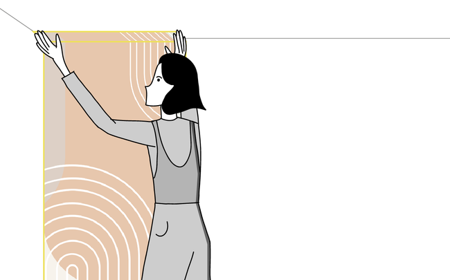 Dessin d'une personne positionnant un lé de papier peint au mur