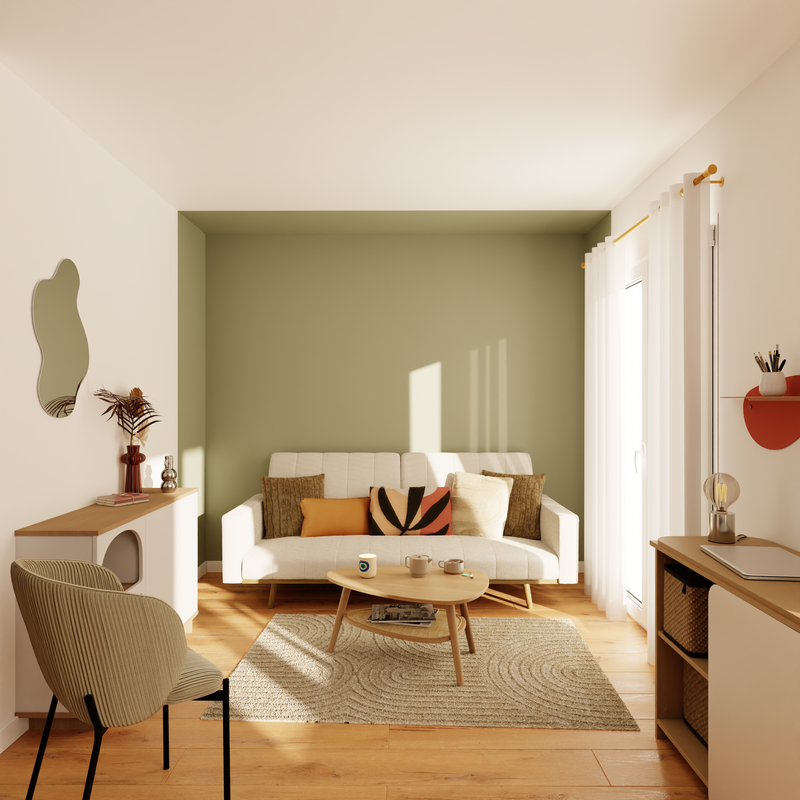 Salon blanc et crème dont mur du fond peint en kaki et canapé blanc