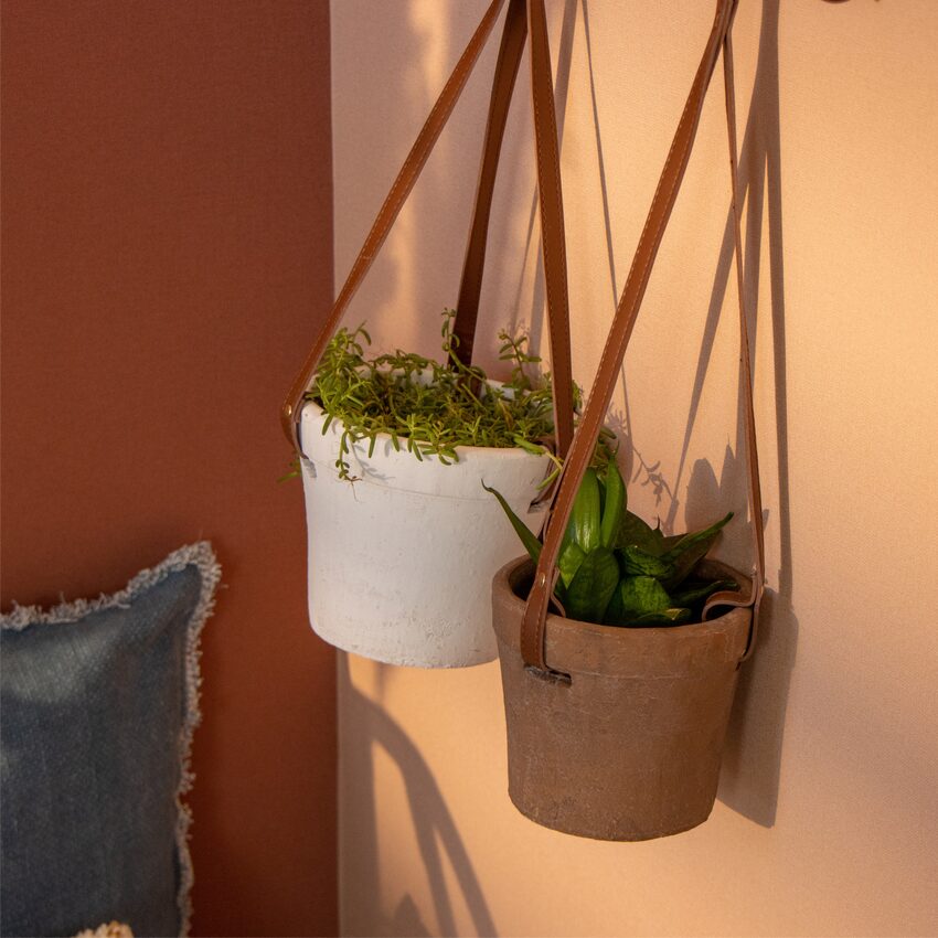 Pots suspendus par des lanières en cuir