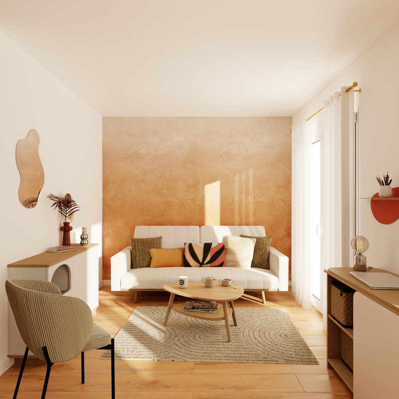 Salon en blanc et crème avec canapé devant papier dégradé argile