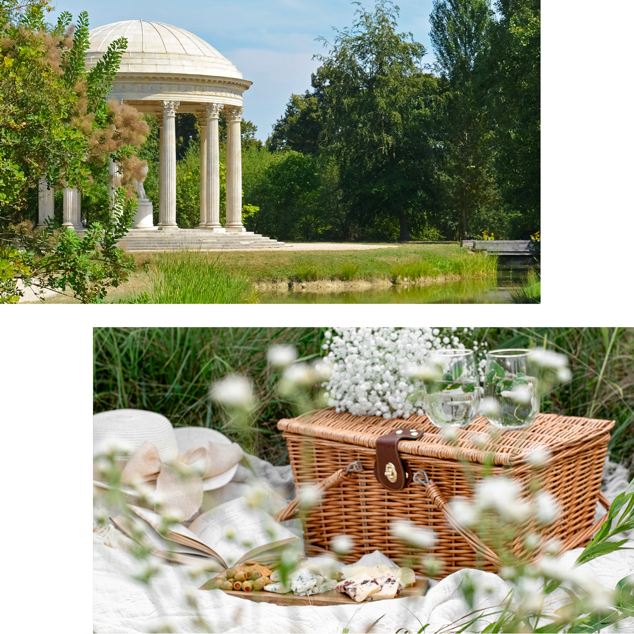 Pique-nique au jardin de Versailles, panier en osier, ambiance bucolique