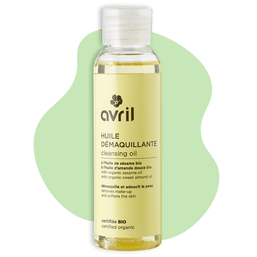 Huile démaquillante de la marque Avril, forme vert en fond