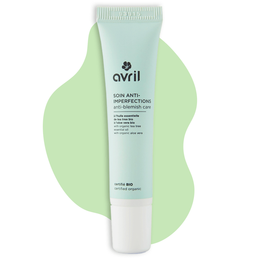 Soin anti-imperfections de la marque Avril, forme verte en fond