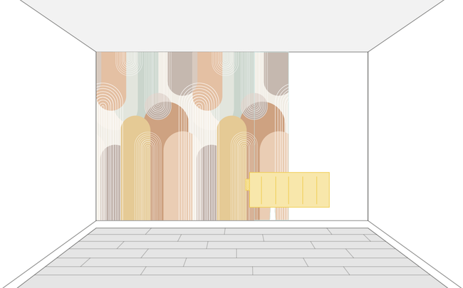 Dessin d'une pièce avec un mur semi-tapissé dont un lé derrière un radiateur