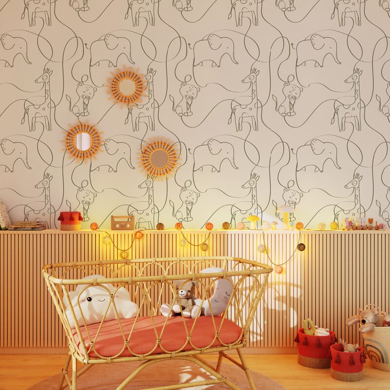 Chambre bébé avec papier peint illustré au trait d'animaux de la savane