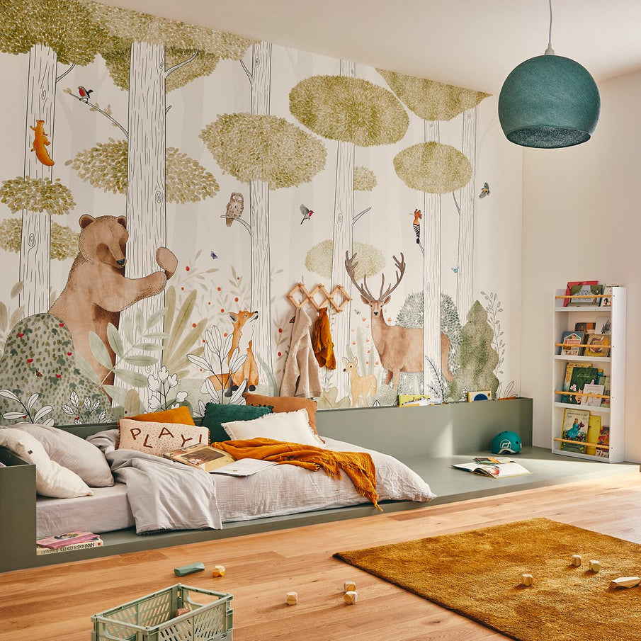 Chambre d'enfant évolutive, papier peint panoramique motif forêt