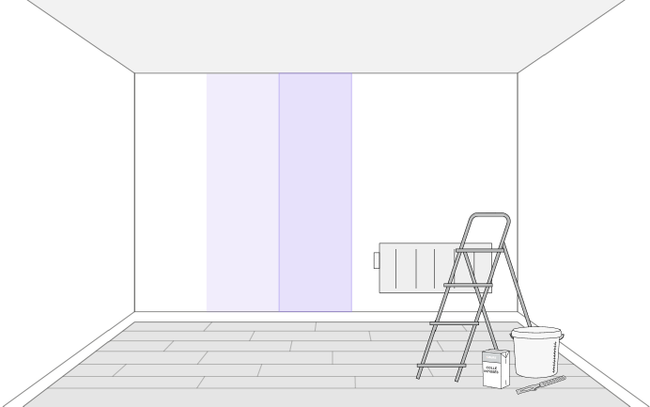 Dessin de deux lés de papier peint posés au mur et du matériel utilisé
