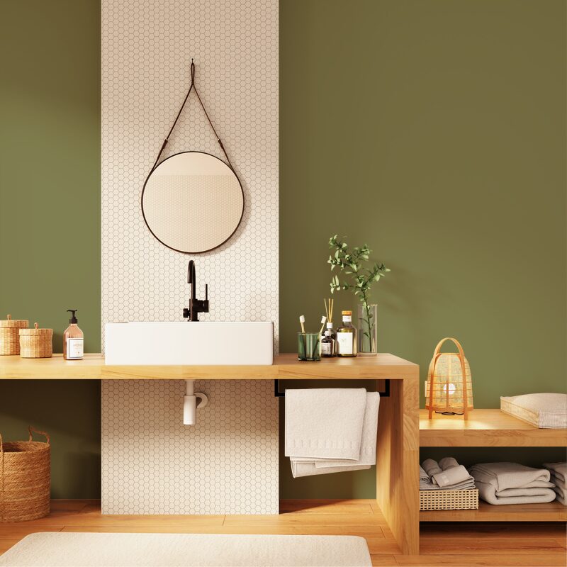 Mur vert olive dans salle de bain style loft industriel