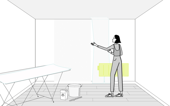 Dessin de femme posant un lé de toile de verre derrière un radiateur