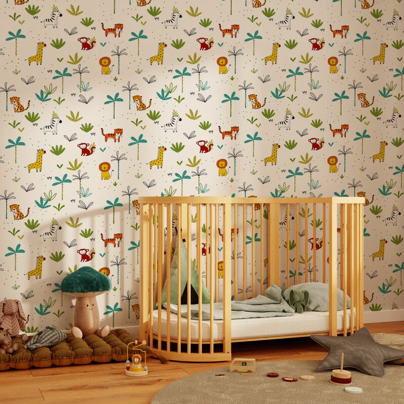 Chambre bébé avec papier peint blanc illustré d'animaux de la savane