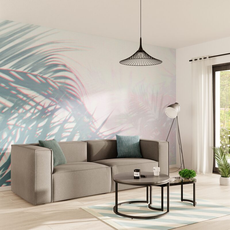 Papier peint panoramique palmiers floutés dans salon gris