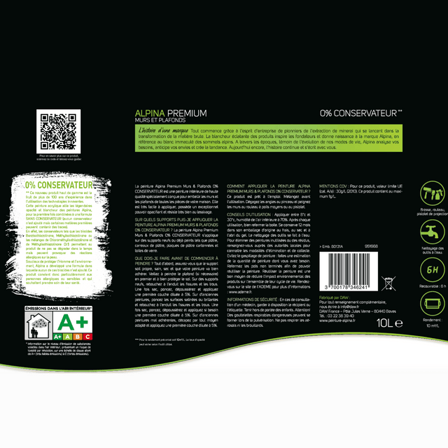 ALPINA Peinture MURS ET PLAFONDS 0% CONSERVATEURS Peinture blanc
