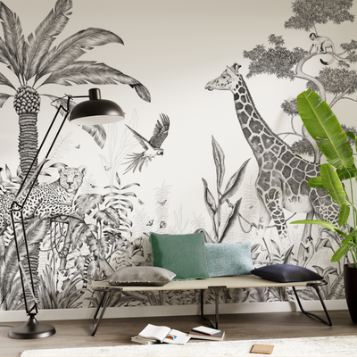 4MURS Papier peint panoramique XL Black jungle Noir et blanc Satiné