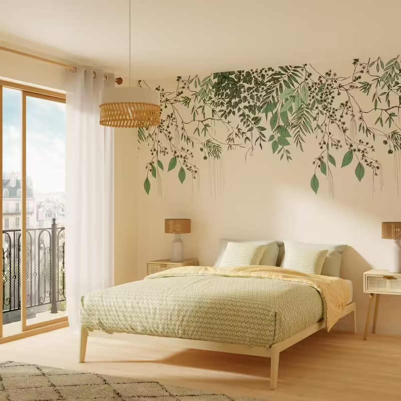 Déco chambre avec papier peint motif feuillages tombants