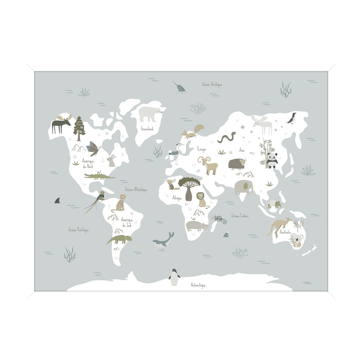 Tableau Carte animals on the planet Bleu ciel et blanc