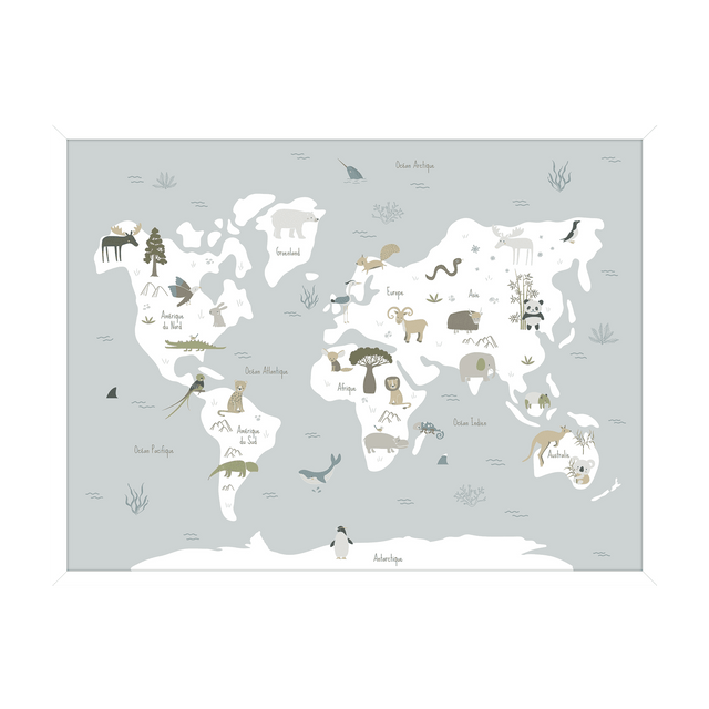 Tableau CARTE ANIMALS ON THE PLANET bleu ciel et blanc