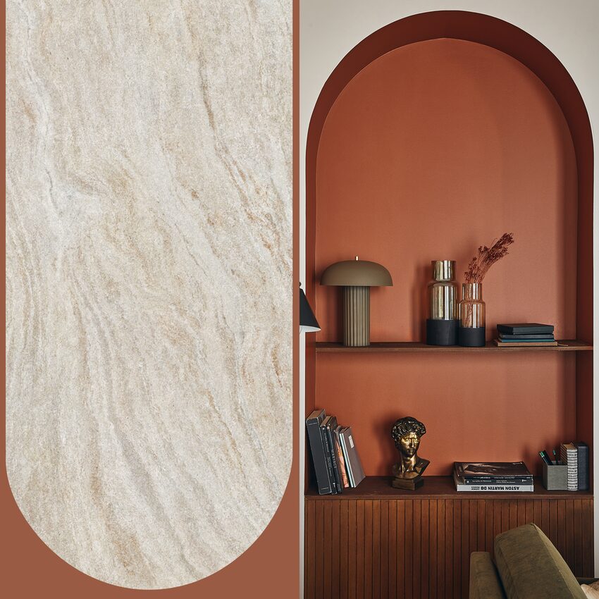 Alcôve aménagée en étagère couleur terracotta avec déco et zoom motif marbré beige