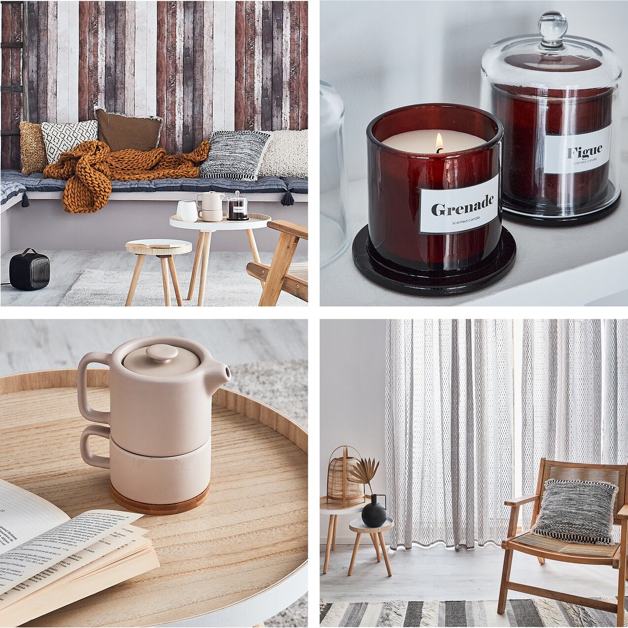 Montage : banquette couverte de coussins, 2 bougies, théière beige et fauteuil devant une fenêtre