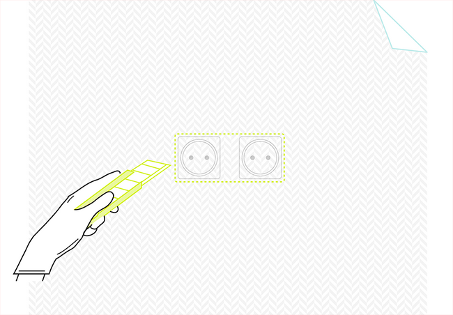 Dessin d'une main gantée tenant un cutter pour découper de la toile de verre autour d'une prise