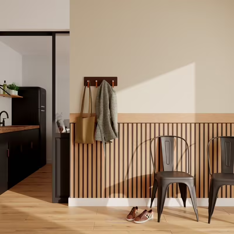 Papier peint soubassement imitation tasseaux de bois, déco d'entrée