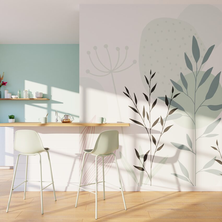 Cuisine, papier peint panoramique plantes dans les tons vert d'eau, bar en bois, chaises hautes, mur en arrière-plan couleur vert d'eau