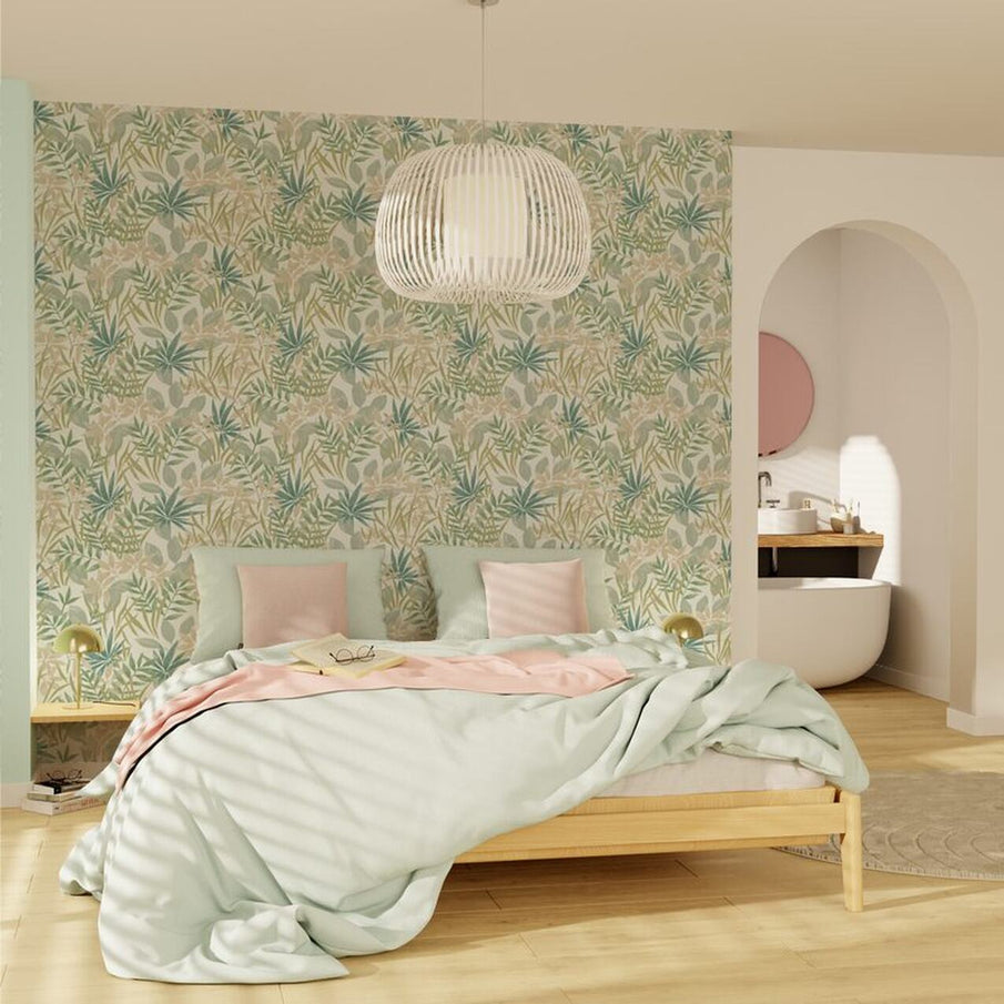 Chambre vert clair et rose pastel avec papier peint feuillage IVANNA en vert