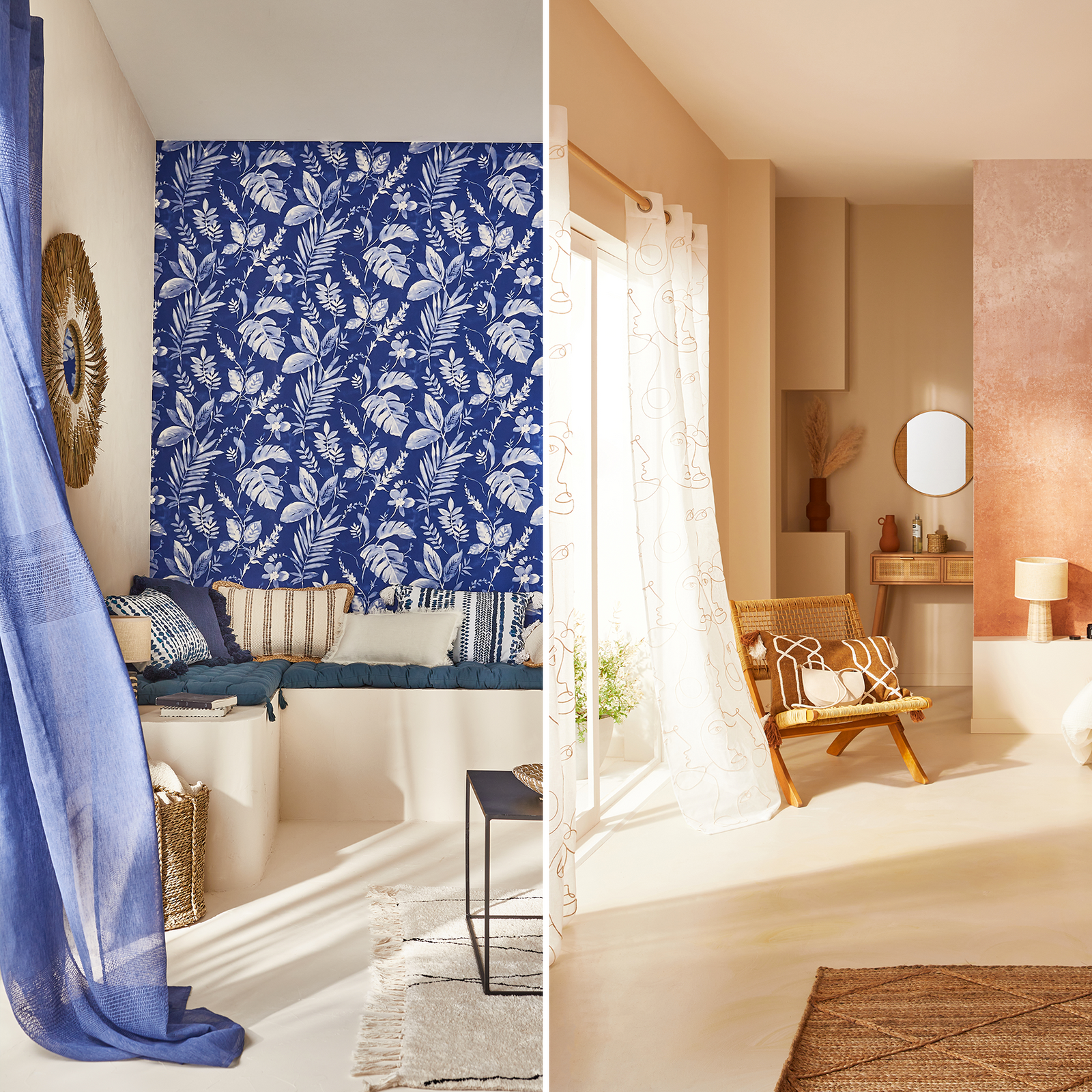 Salon aux accents bleus et blancs et salon aux accents beiges et terracotta