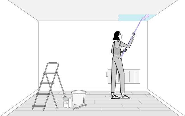 Dessin d'une personne encollant un plafond avec une perche téléscopique