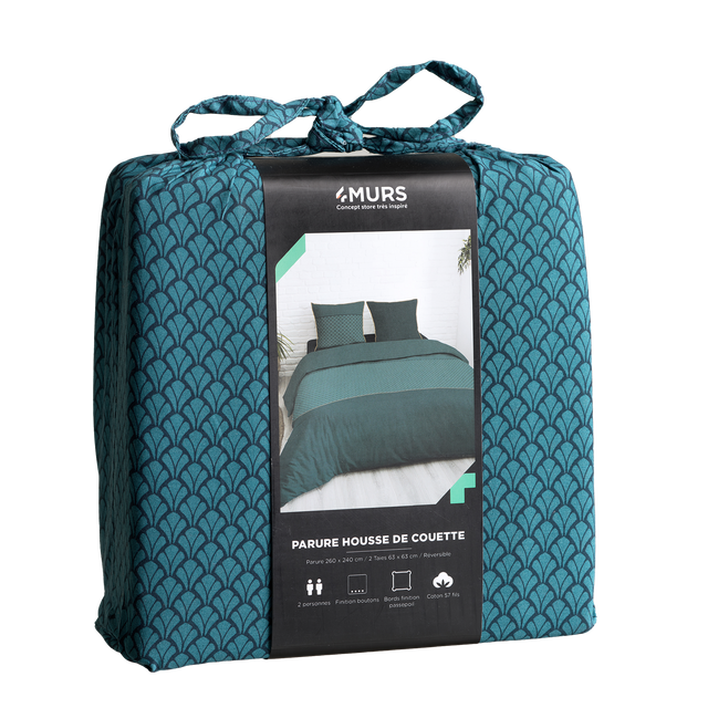 Parure de lit en toile de coton BRONZE bleu paon 260 x 240 cm