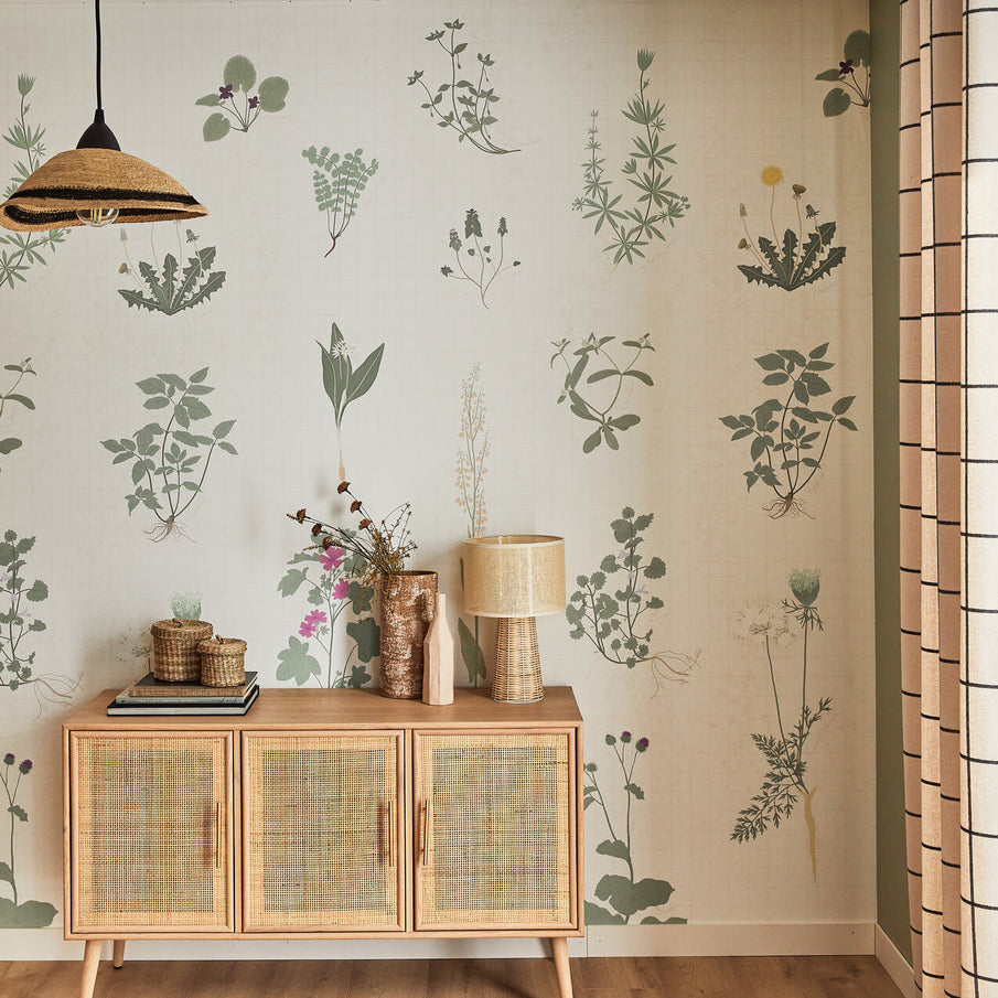 Papier peint panoramique motif herbier, déco maison de campagne