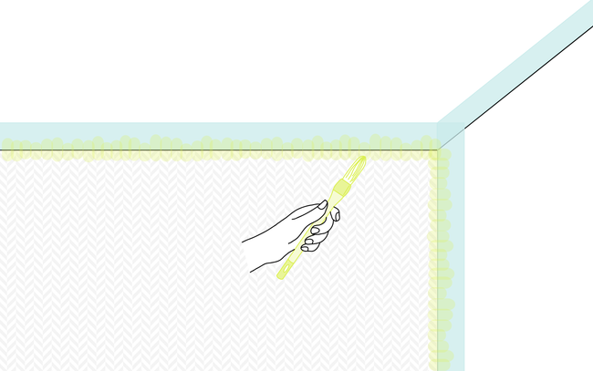 Dessin d'une main qui peint l'angle d'un mur avec un pinceau à rechampir