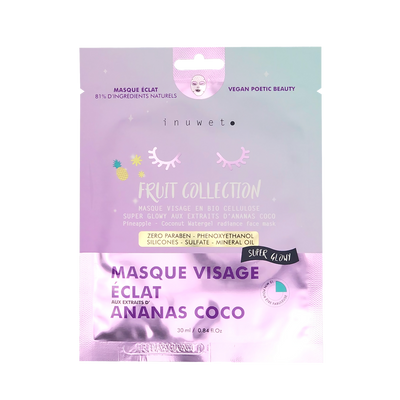 INUWET Masque tissu Visage éclat Mauve Ananas / coco 30ML