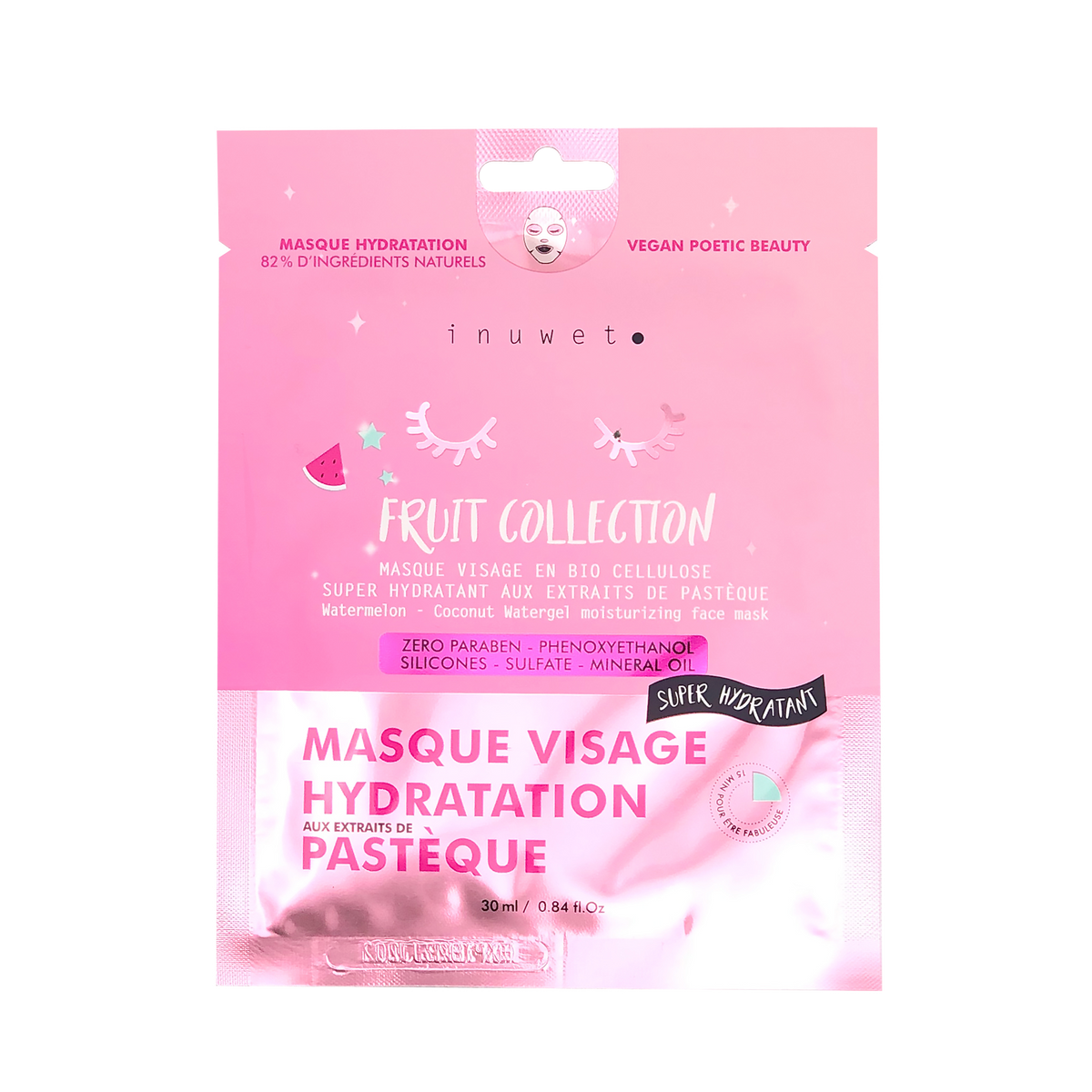 INUWET Masque tissu Visage hydratant Rose Pasteque 30ML