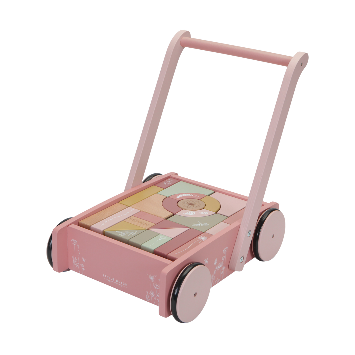 LITTLE DUTCH Jeu d'éveil Chariot a blocs fleurs Rose
