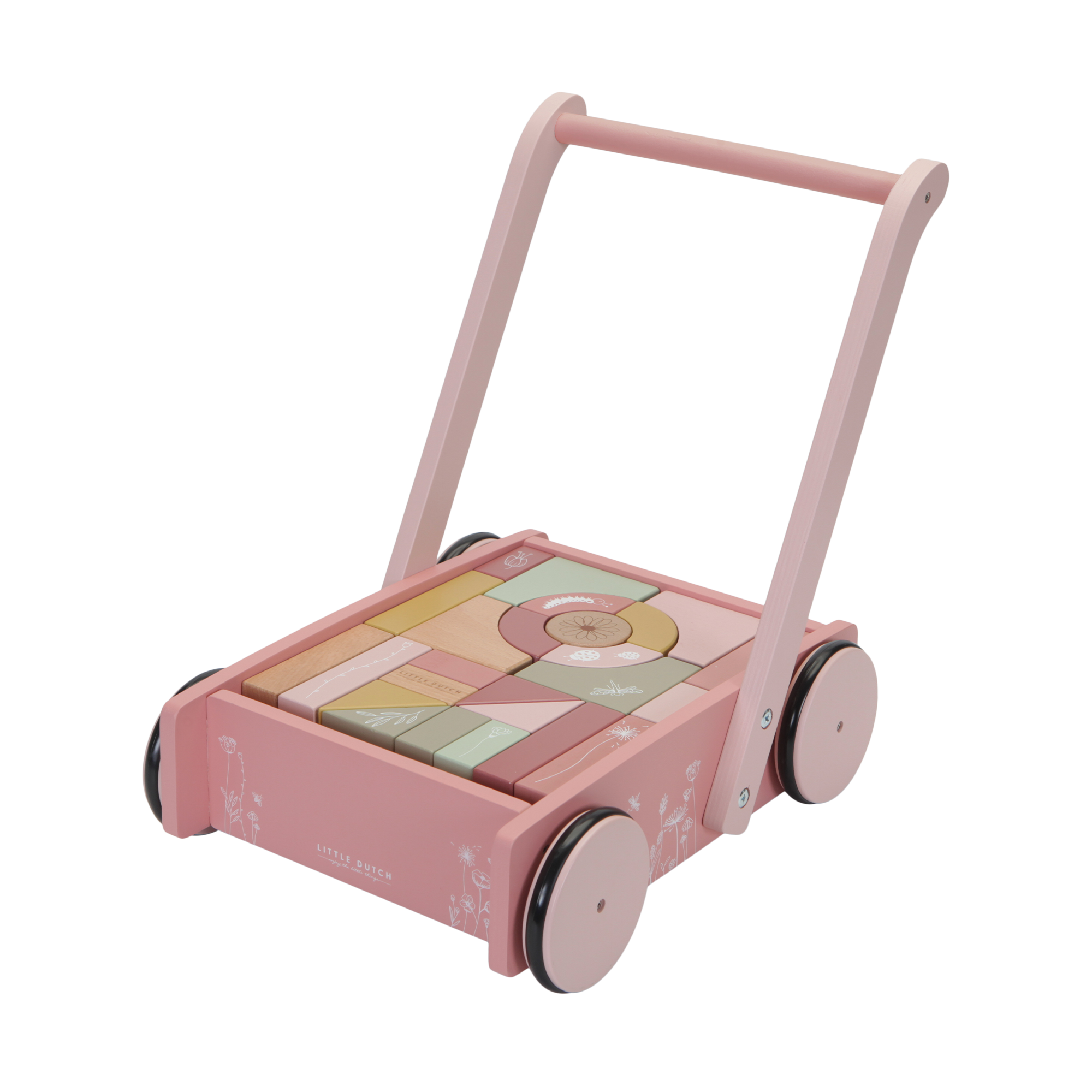 LITTLE DUTCH Jeu d'éveil Chariot a blocs fleurs Rose