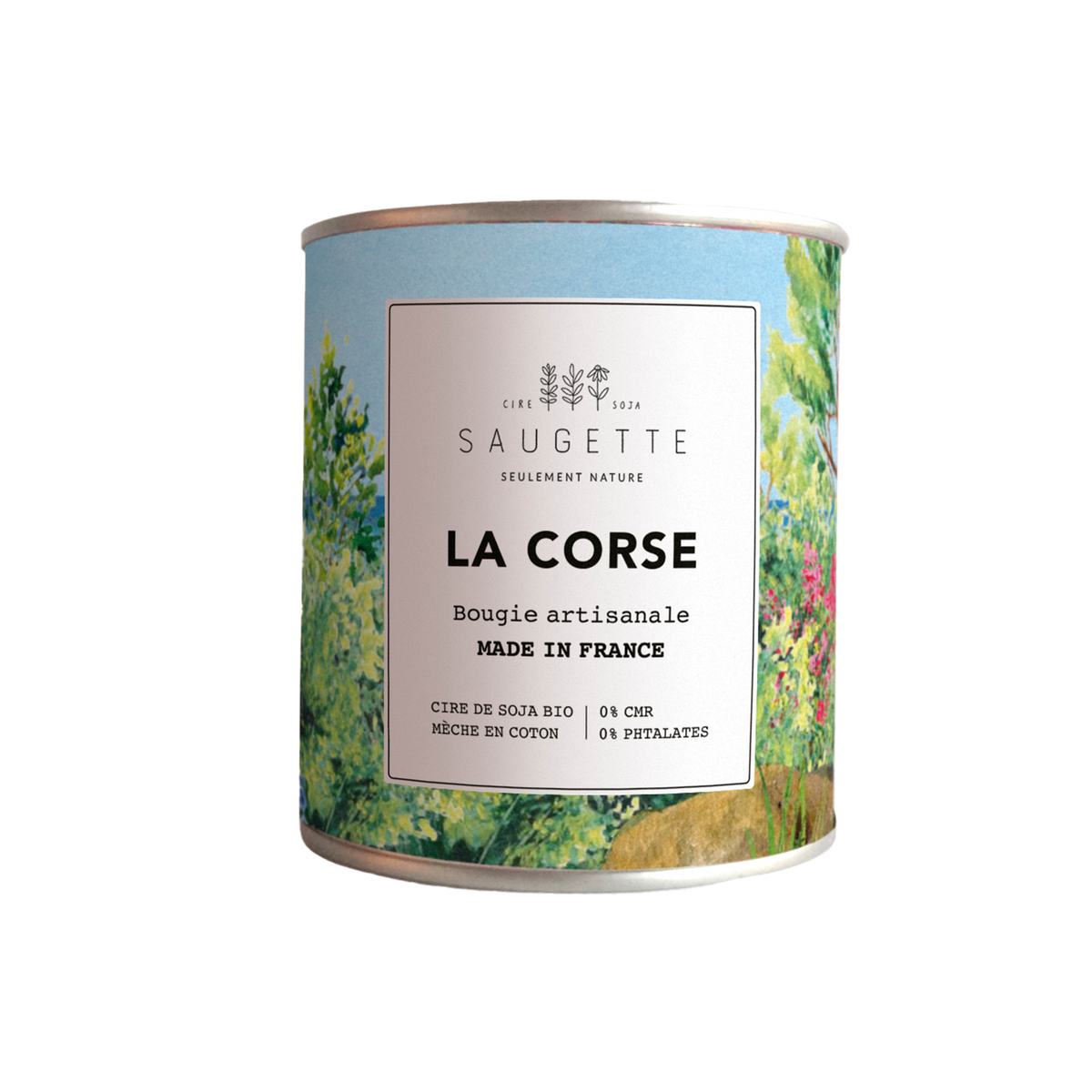 SAUGETTE Bougie parfumée La corse Bleu Maquis mêlé à la douceur des notes d’olive, de rose et de jasmin sur fond d’ambre et de myrrhe. 200G
