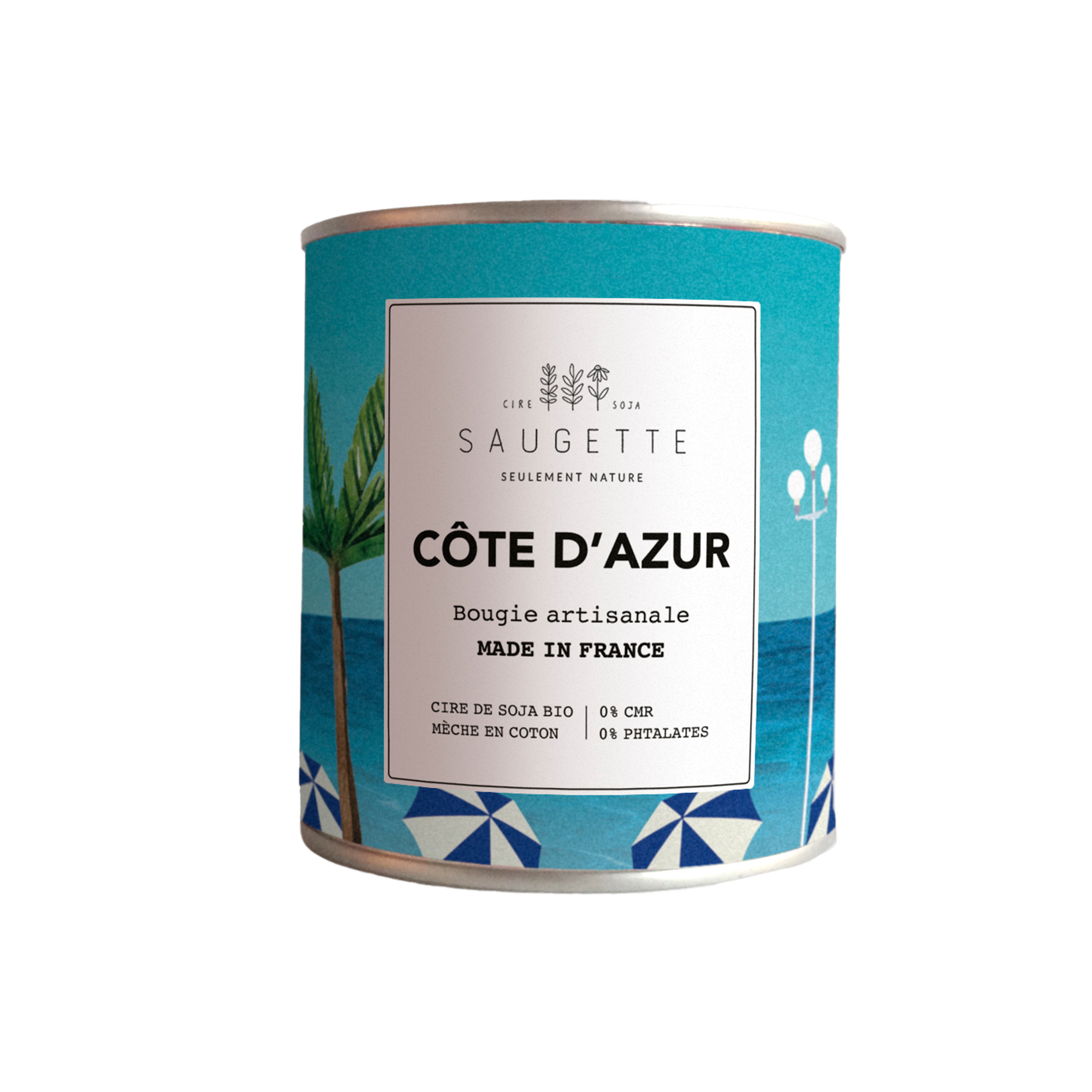 SAUGETTE Bougie parfumée Côte d'azur Bleu Melon et de fleurs d’oranger, de jasmin et de roses sur un fond boisé adouci de vanille et de musc 200G