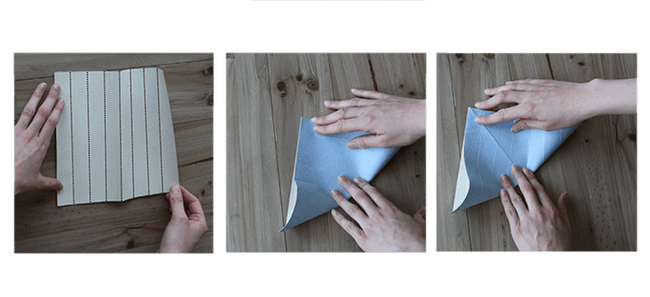 Mains qui déplient le carré et le plient ensuite sur ses diagonales