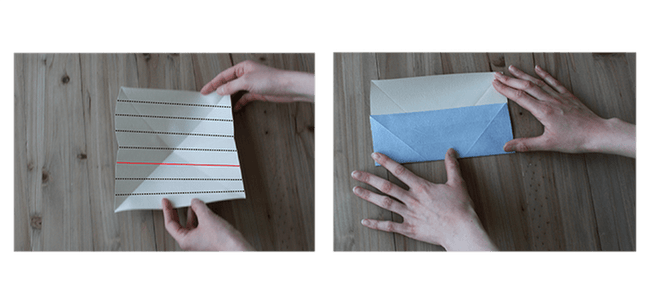 Etape 6 avec mains qui plient le carré à partir de la 3e ligne