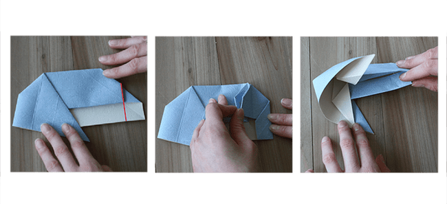 Etape 15 avec des mains qui effectuent des pliages sur l'autre côté du lapin