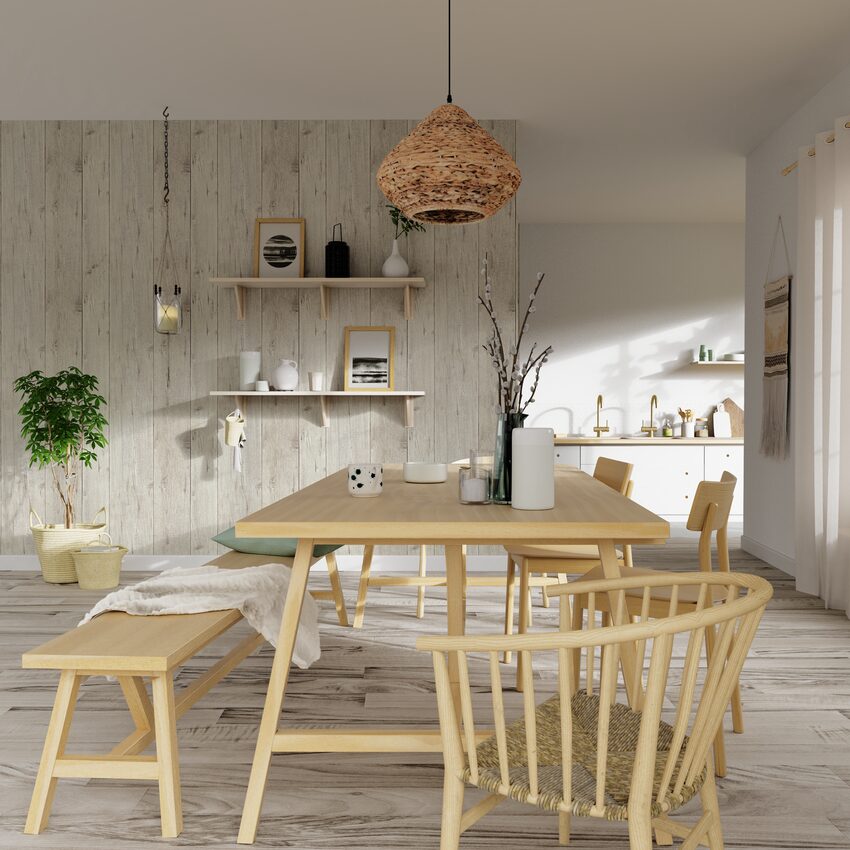 Salle à manger style scandinave avec mobilier en bois clair, vue sur la cuisine